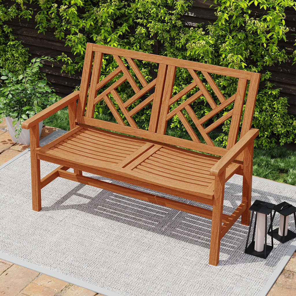 44.5 Inch Outdoor Wood Bench - 2-Person Loveseat with Geometric Backrest