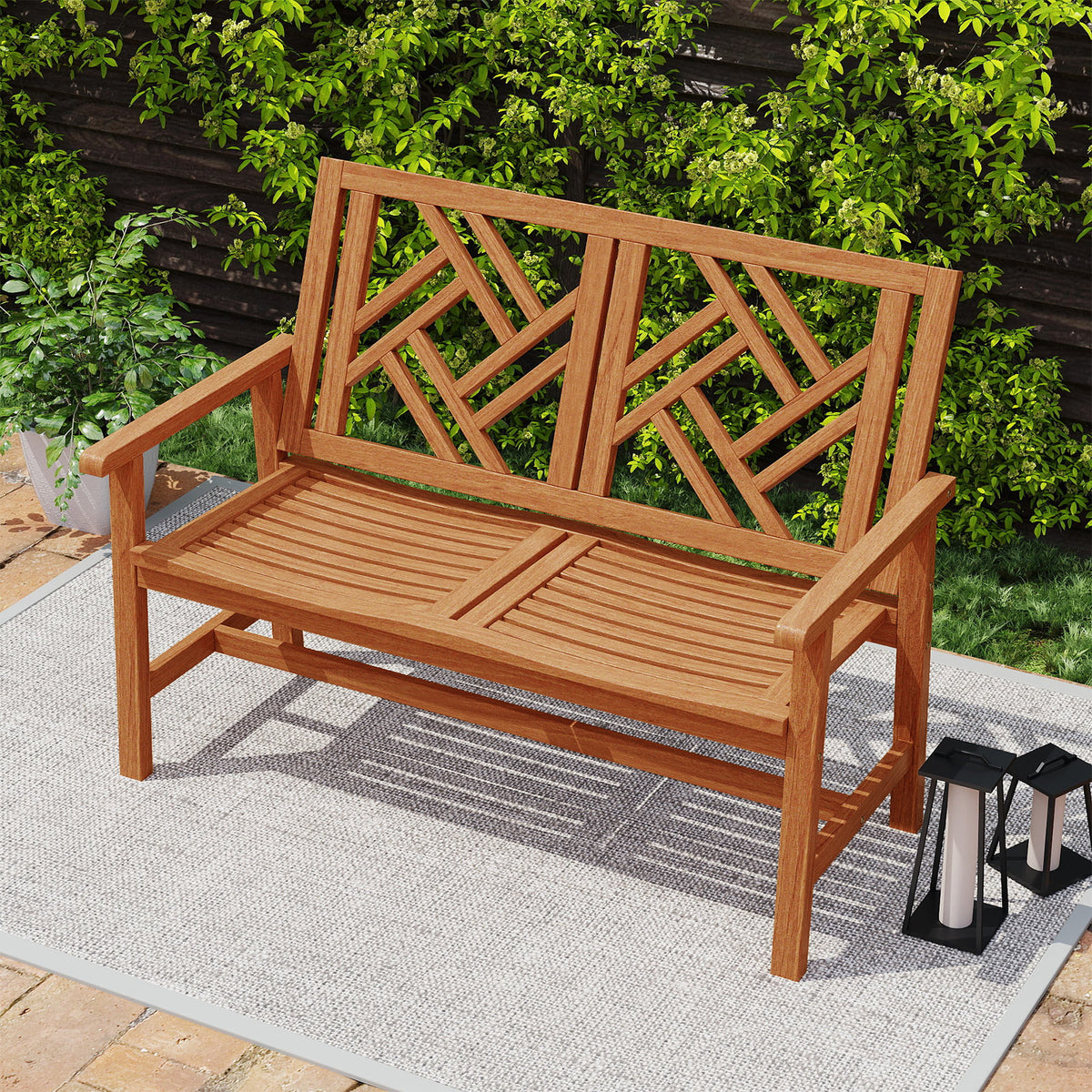 44.5 Inch Outdoor Wood Bench - 2-Person Loveseat with Geometric Backrest