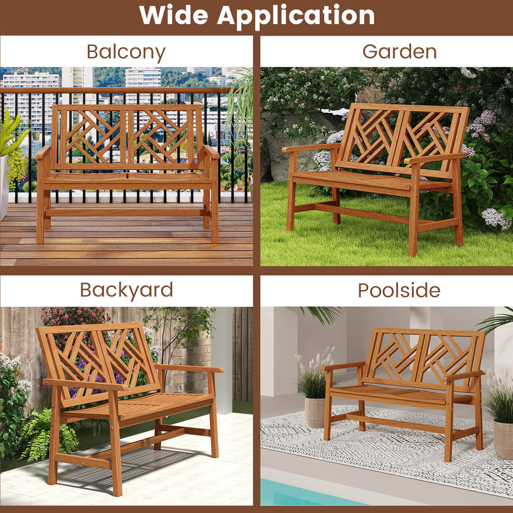 44.5 Inch Outdoor Wood Bench - 2-Person Loveseat with Geometric Backrest