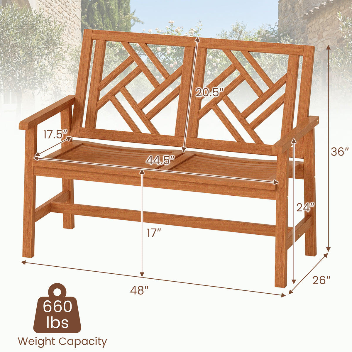 44.5 Inch Outdoor Wood Bench - 2-Person Loveseat with Geometric Backrest
