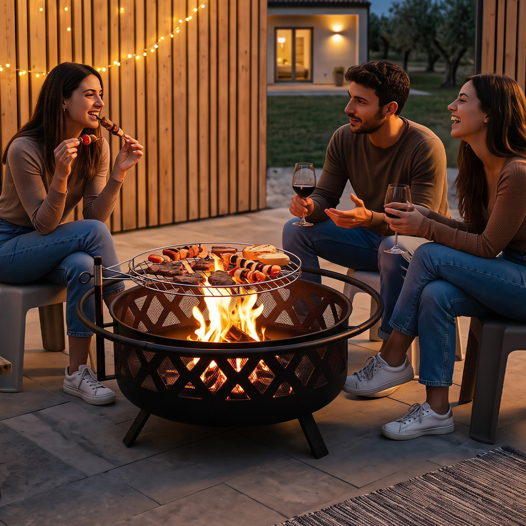 Outdoor Black Fire Pit with Adjustable and Rotatable Grill Grate