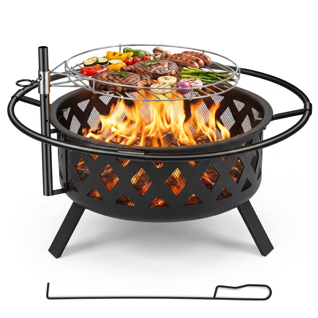Outdoor Black Fire Pit with Adjustable and Rotatable Grill Grate