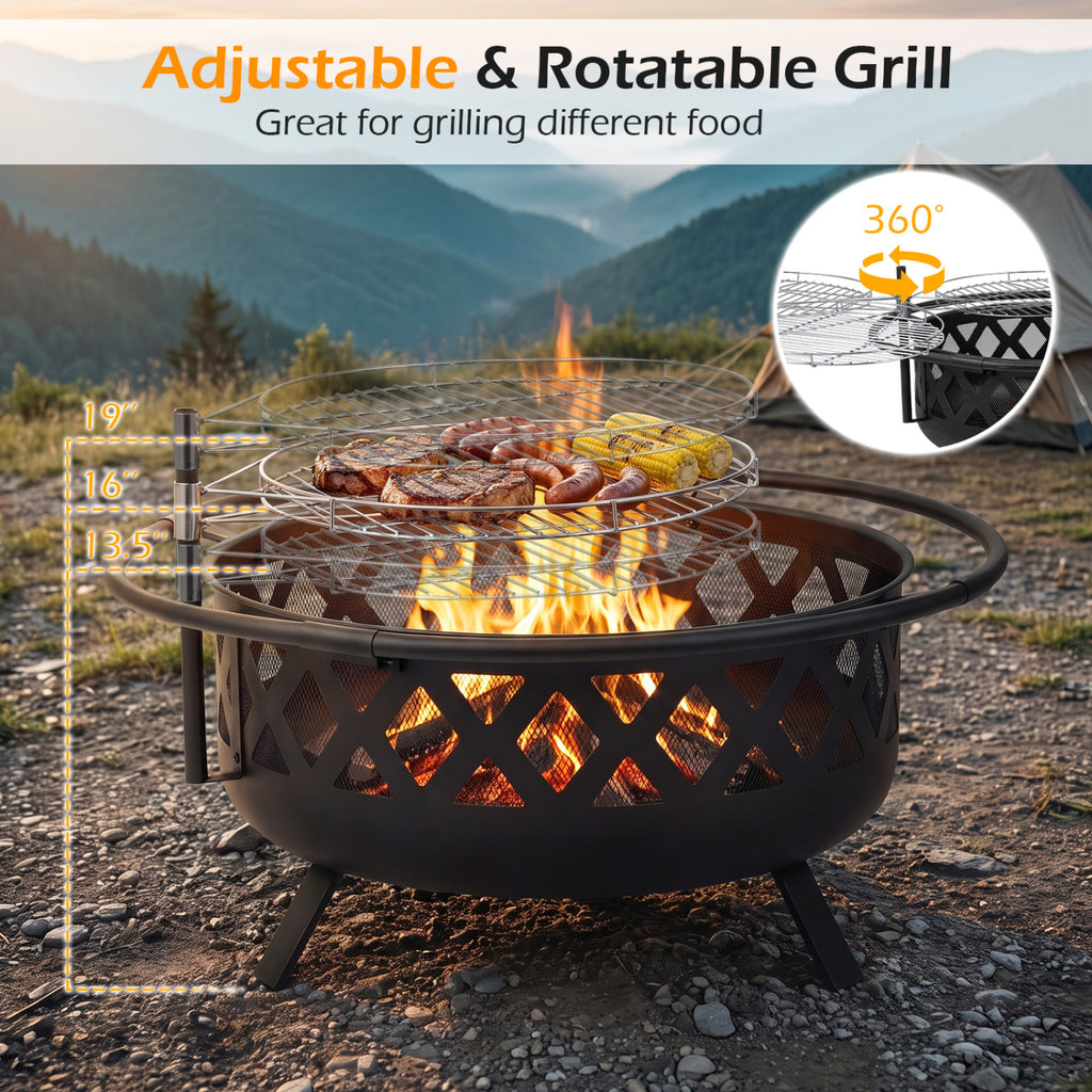Outdoor Black Fire Pit with Adjustable and Rotatable Grill Grate