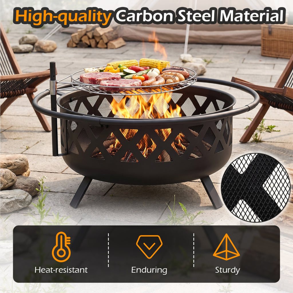 Outdoor Black Fire Pit with Adjustable and Rotatable Grill Grate