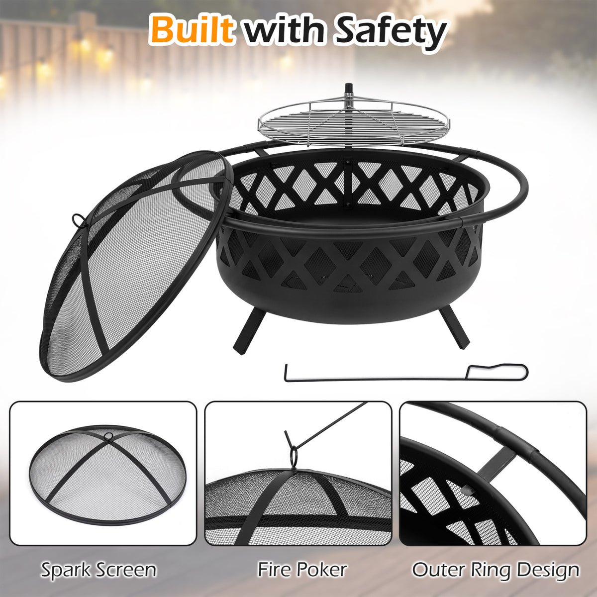 Outdoor Black Fire Pit with Adjustable and Rotatable Grill Grate