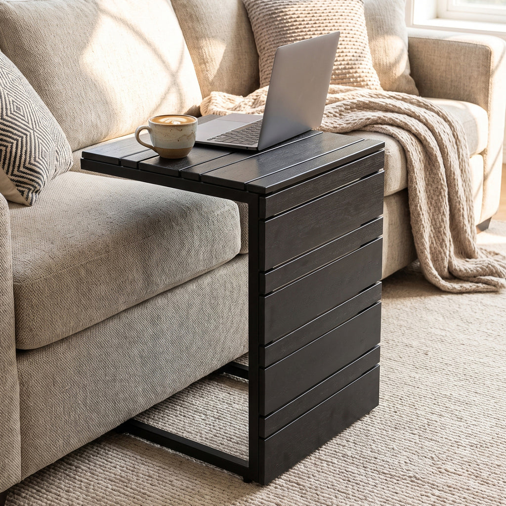 C-Shaped Side Table with Wood-Plastic Top - Black