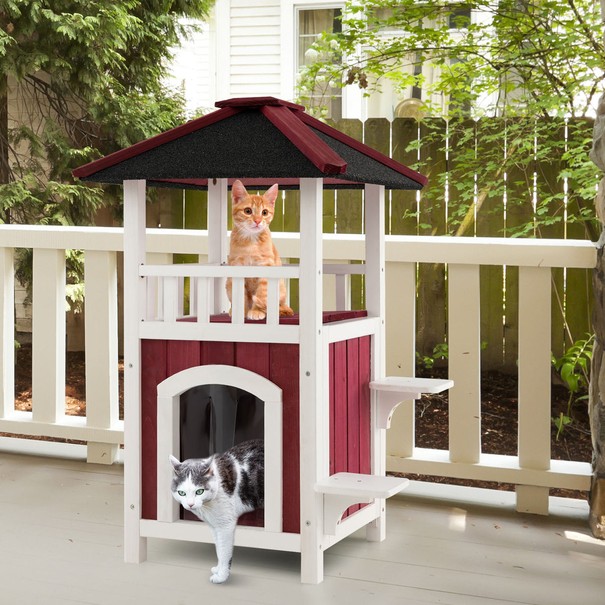 2-Story Wooden Cat House with Asphalt Roof Balcony and Rain Curtain - Red & White Variation