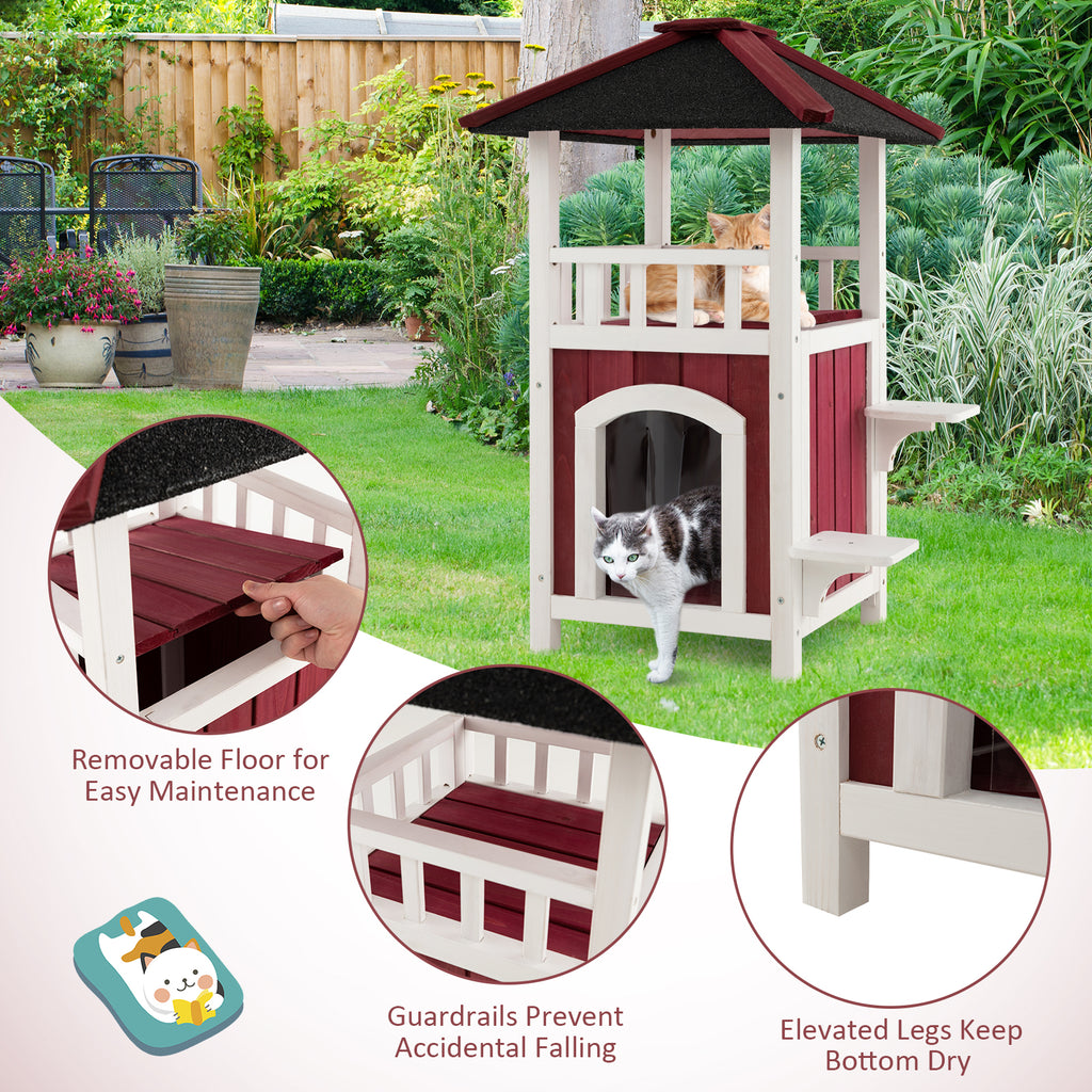 2-Story Wooden Cat House with Asphalt Roof Balcony and Rain Curtain - Red & White Variation