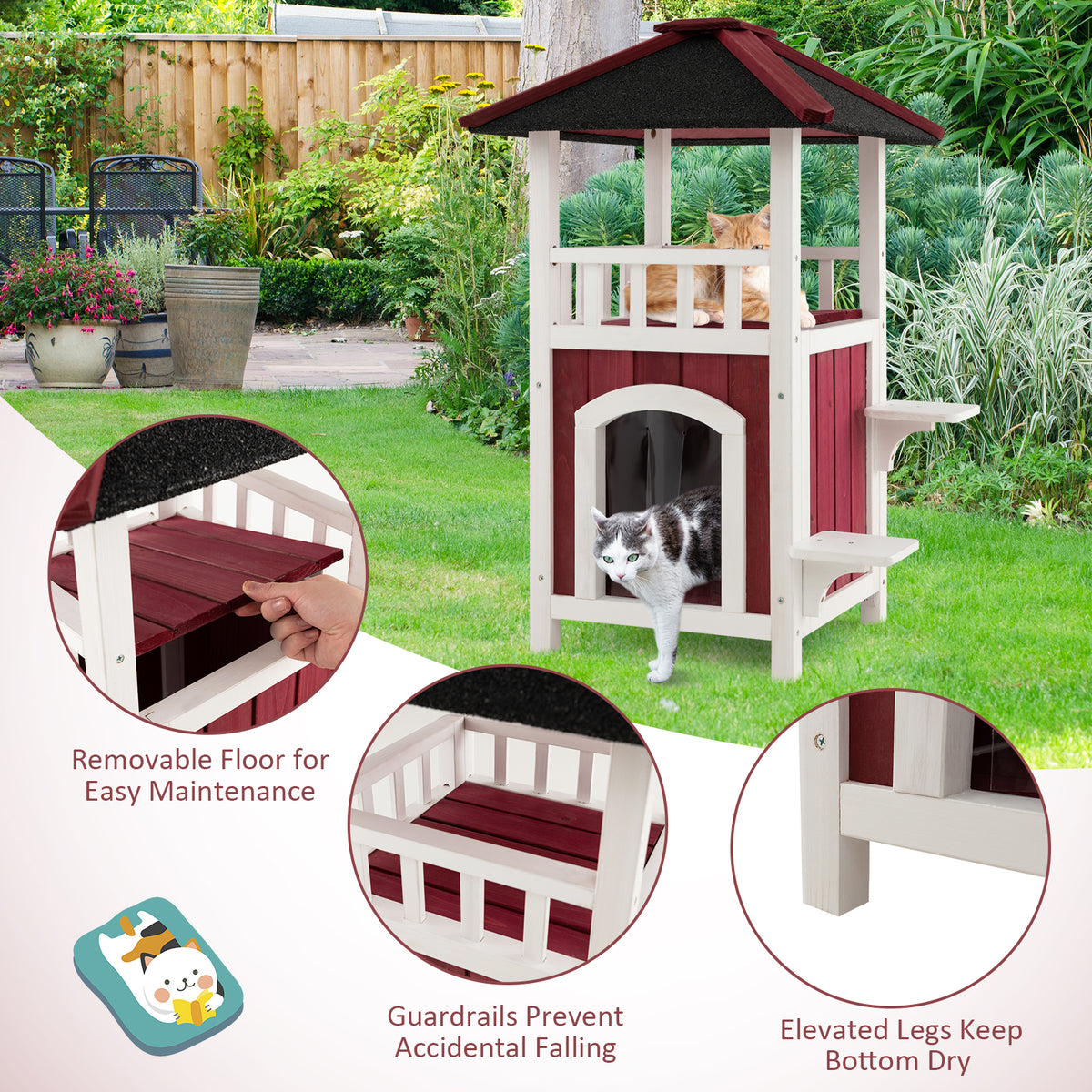 2-Story Wooden Cat House with Asphalt Roof Balcony and Rain Curtain - Red & White Variation