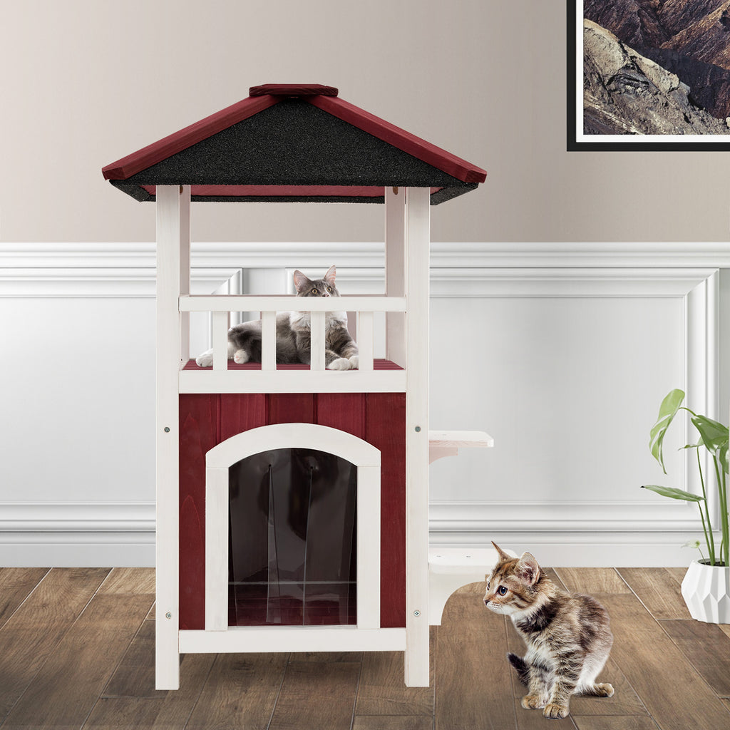 2-Story Wooden Cat House with Asphalt Roof Balcony and Rain Curtain - Red & White Variation