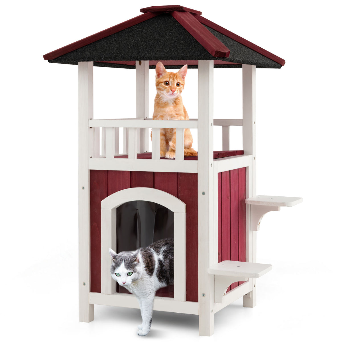 2-Story Wooden Cat House with Asphalt Roof Balcony and Rain Curtain - Red & White Variation