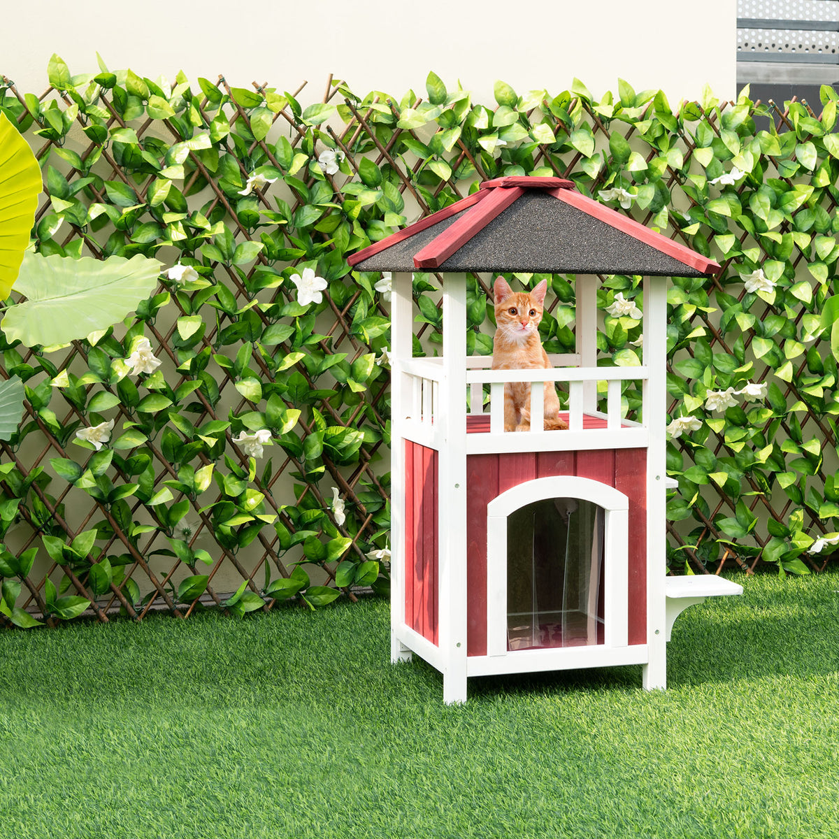 2-Story Wooden Cat House with Asphalt Roof Balcony and Rain Curtain - Red & White Variation