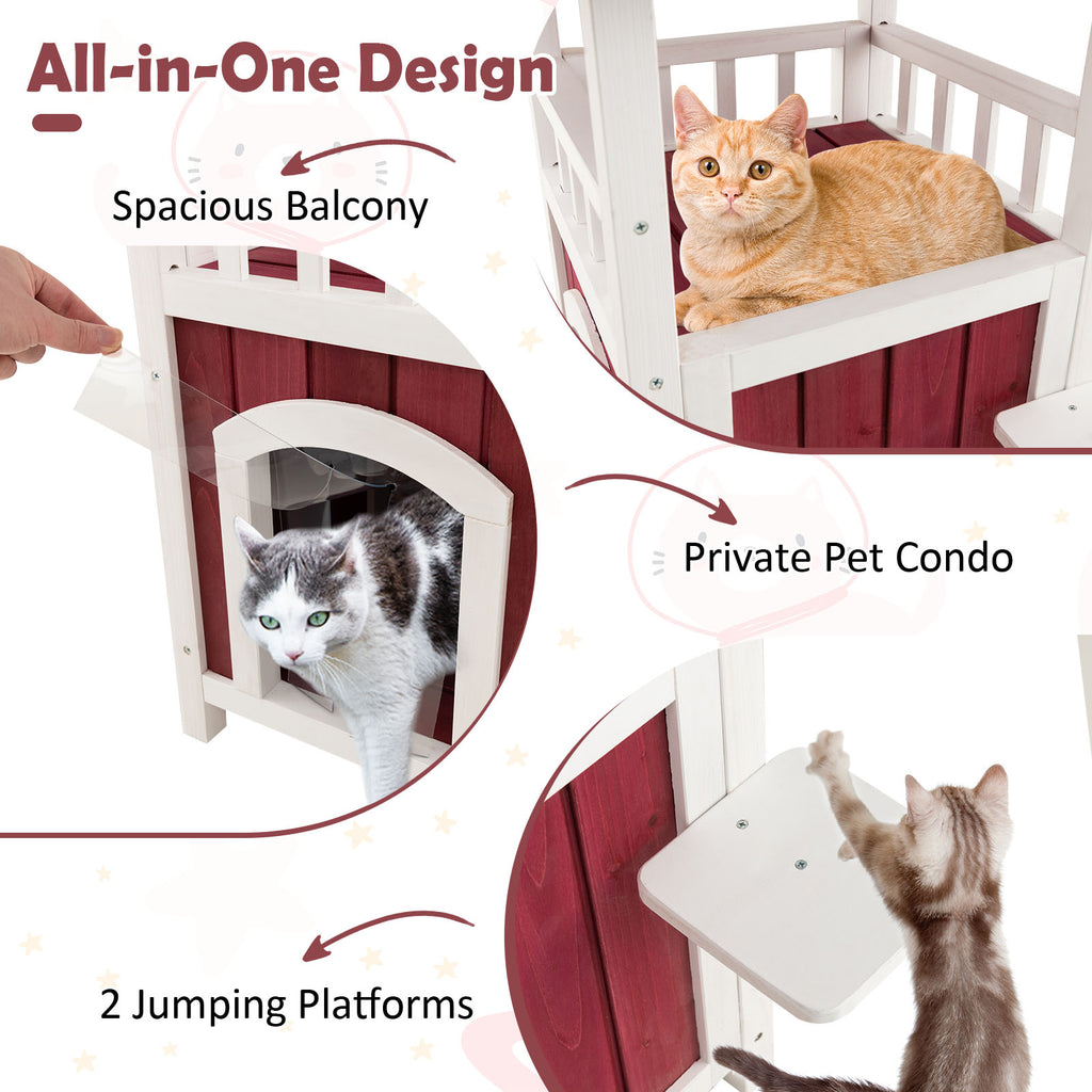 2-Story Wooden Cat House with Asphalt Roof Balcony and Rain Curtain - Red & White Variation