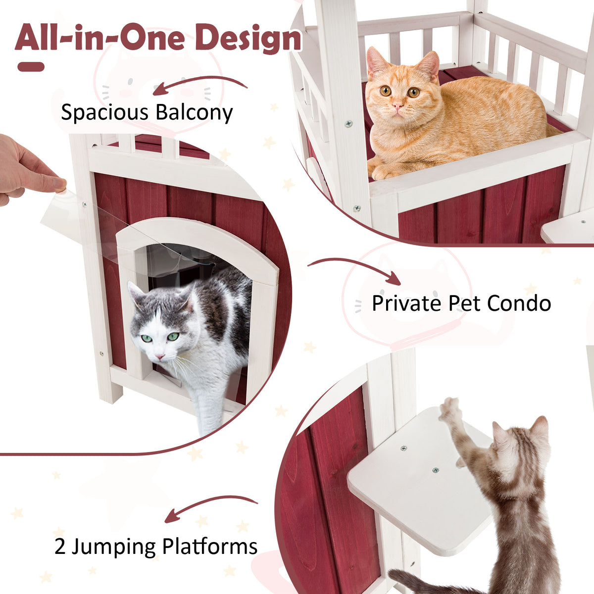 2-Story Wooden Cat House with Asphalt Roof Balcony and Rain Curtain - Red & White Variation