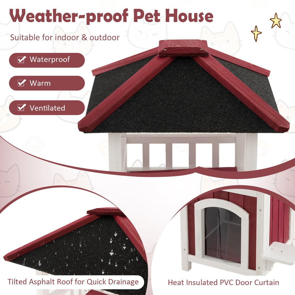 2-Story Wooden Cat House with Asphalt Roof Balcony and Rain Curtain - Red & White Variation