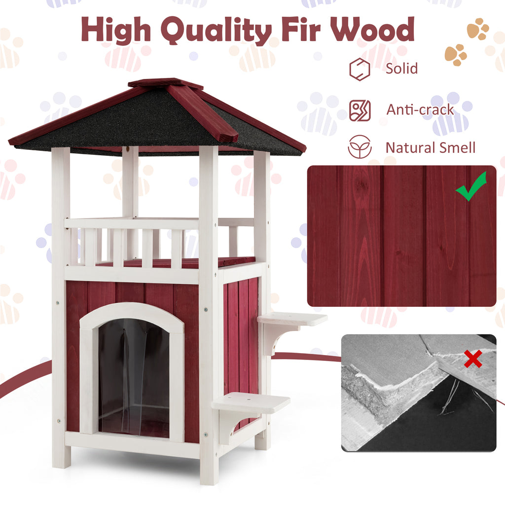 2-Story Wooden Cat House with Asphalt Roof Balcony and Rain Curtain - Red & White Variation