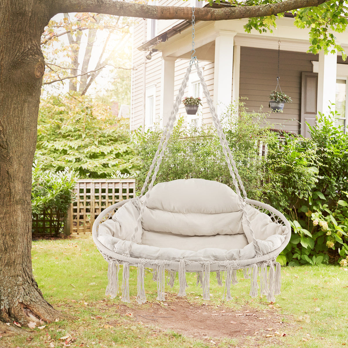 Hand-Woven Rope Hanging Chair with Thick Cushion and Folding Metal