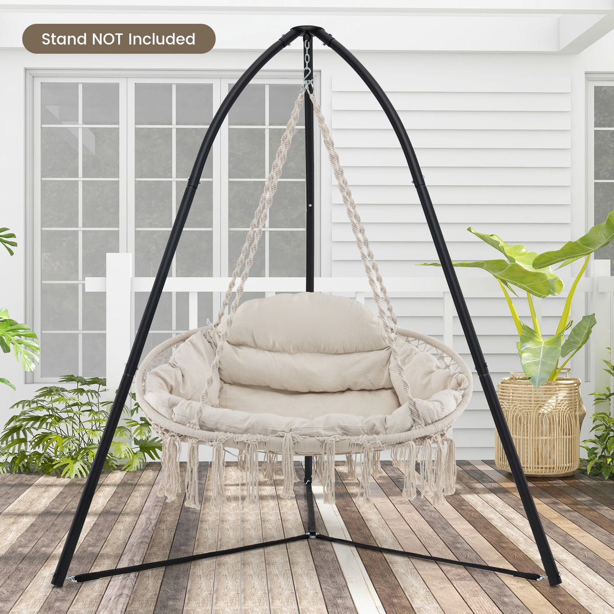 Hand-Woven Rope Hanging Chair with Thick Cushion and Folding Metal