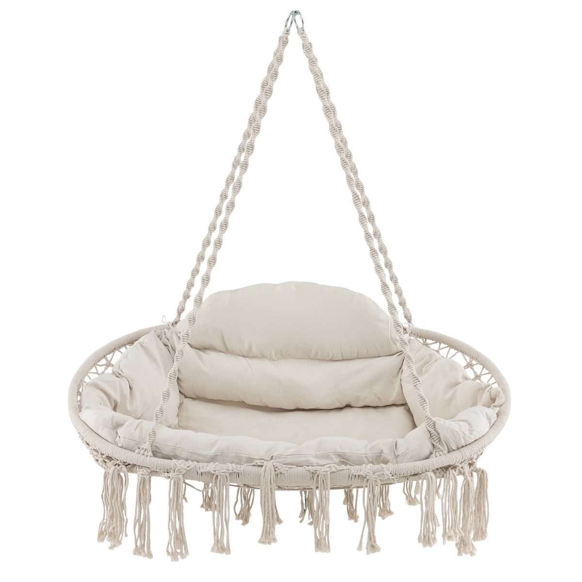 Hand-Woven Rope Hanging Chair with Thick Cushion and Folding Metal