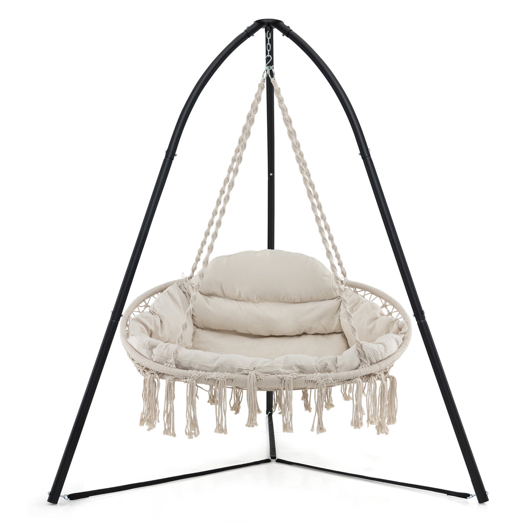 Hand-Woven Rope Hanging Chair with Thick Cushion and Folding Metal
