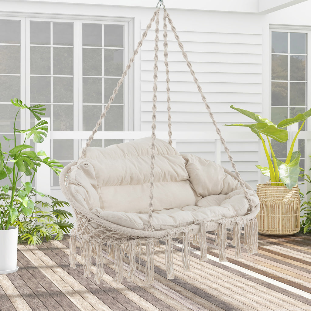 Hand-Woven Rope Hanging Chair with Thick Cushion and Folding Metal