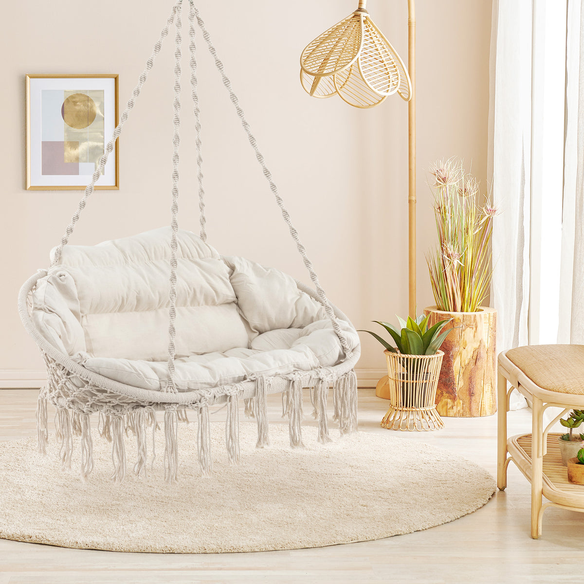 Hand-Woven Rope Hanging Chair with Thick Cushion and Folding Metal