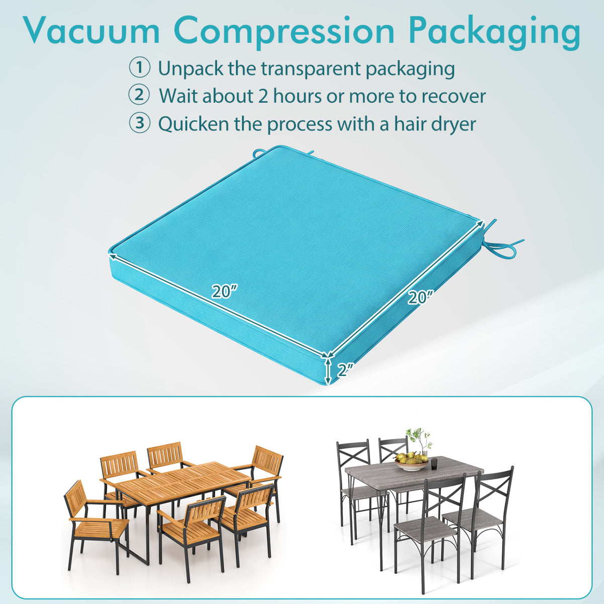Outdoor Chair Cushion Set of 2, Waterproof Fade-Resistant - Turquoise 20"