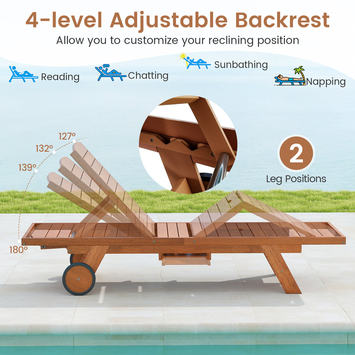 Outdoor Chaise Lounge Chair with Wheels & Adjustable Backrest