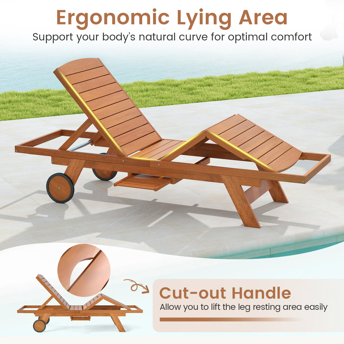 Outdoor Chaise Lounge Chair with Wheels & Adjustable Backrest