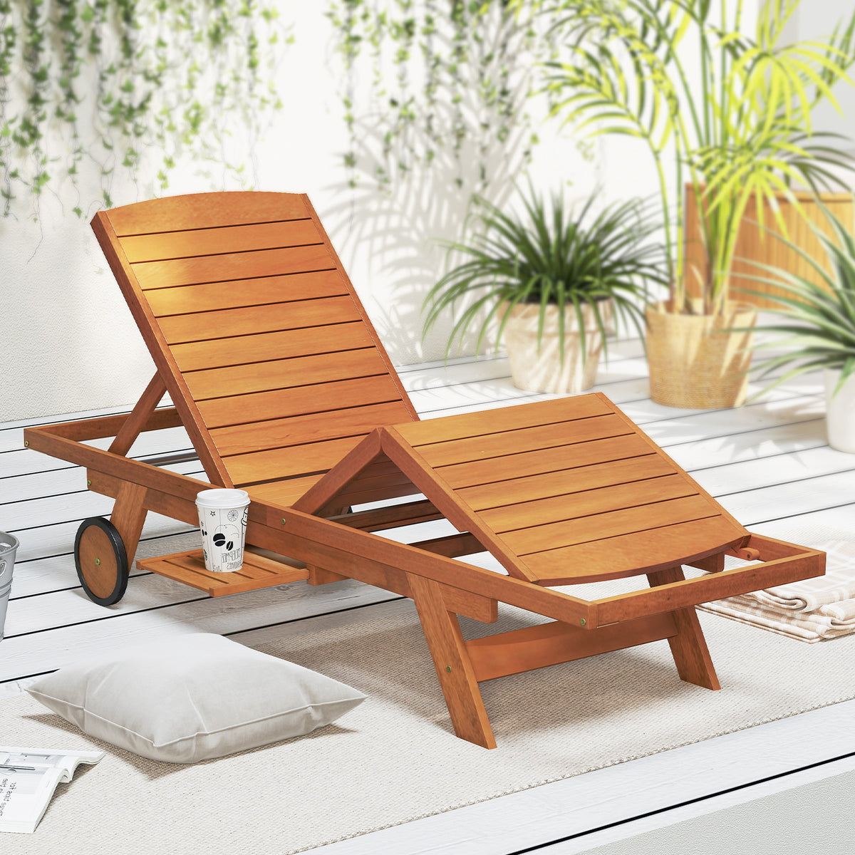 Outdoor Chaise Lounge Chair with Wheels & Adjustable Backrest