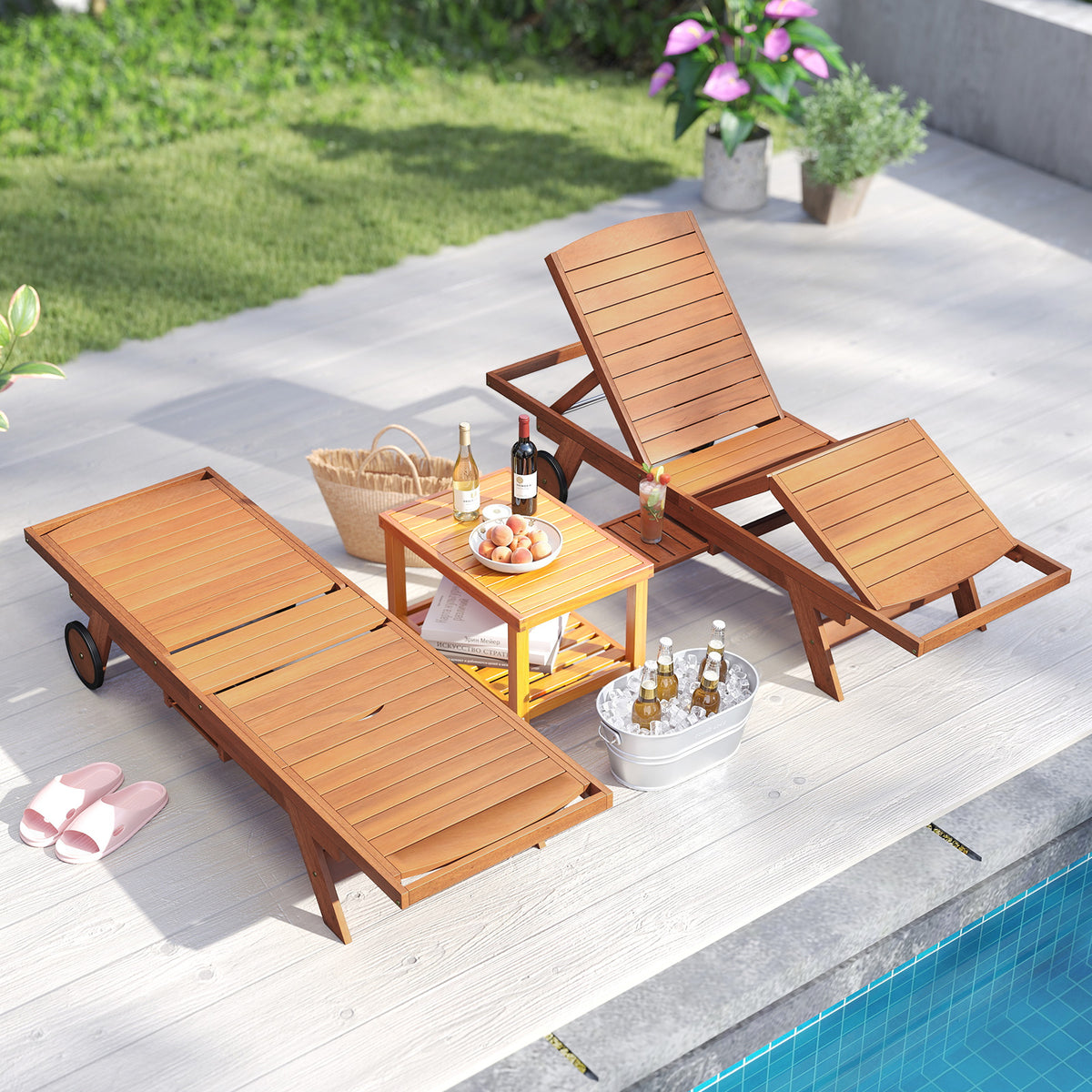 Outdoor Chaise Lounge Chair with Wheels & Adjustable Backrest