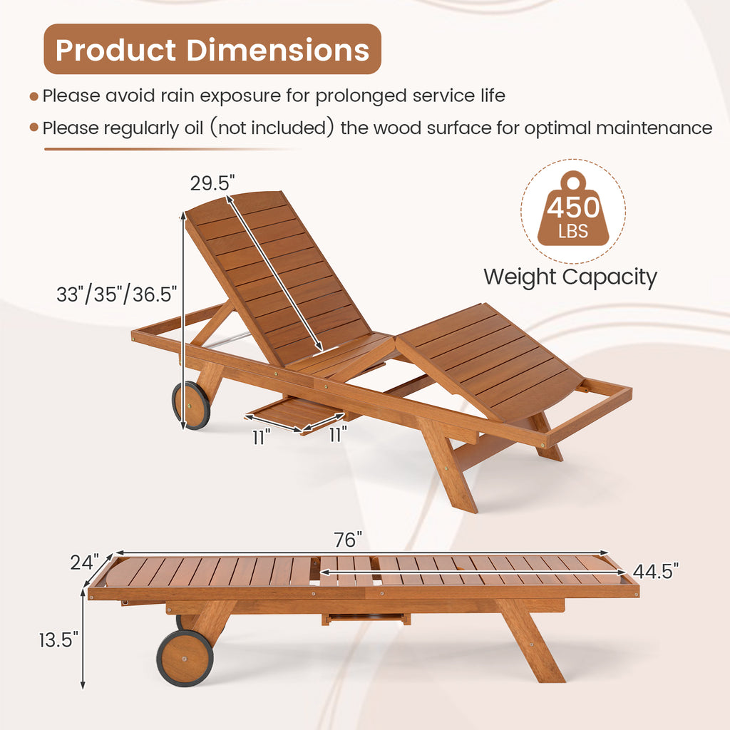 Outdoor Chaise Lounge Chair with Wheels & Adjustable Backrest