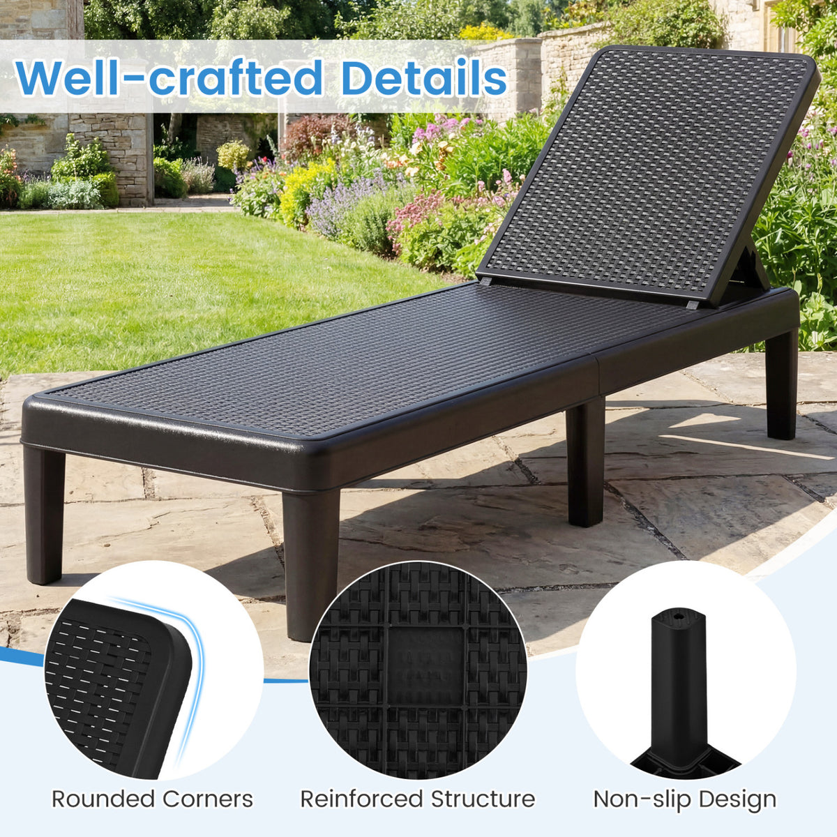 Outdoor Chaise Lounger Chair Set of 2, Black - Waterproof Rattan