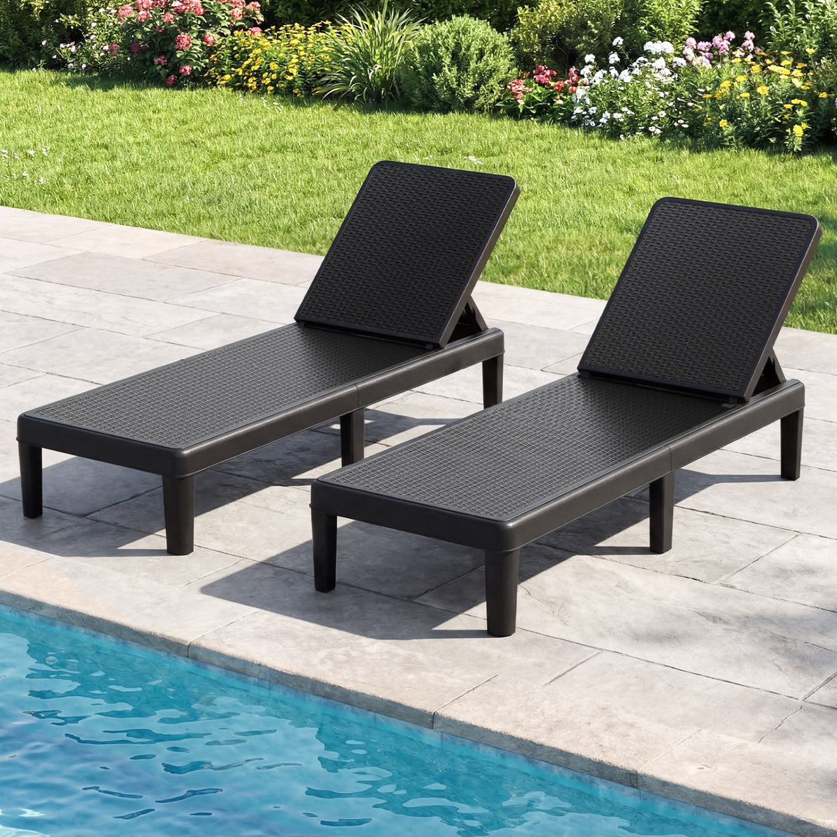 Outdoor Chaise Lounger Chair Set of 2, Black - Waterproof Rattan