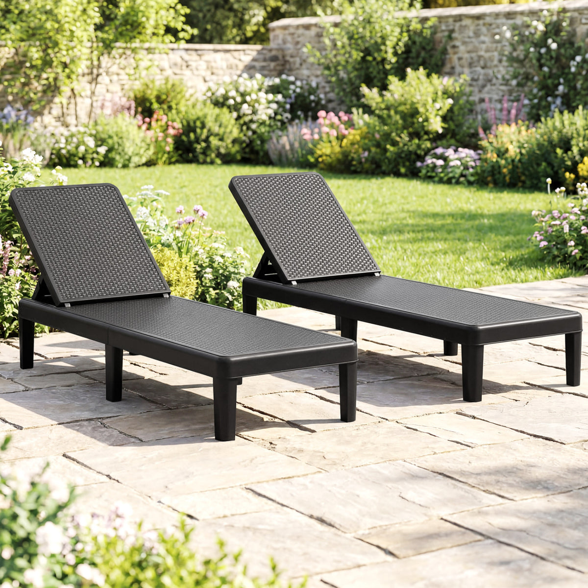 Outdoor Chaise Lounger Chair Set of 2, Black - Waterproof Rattan