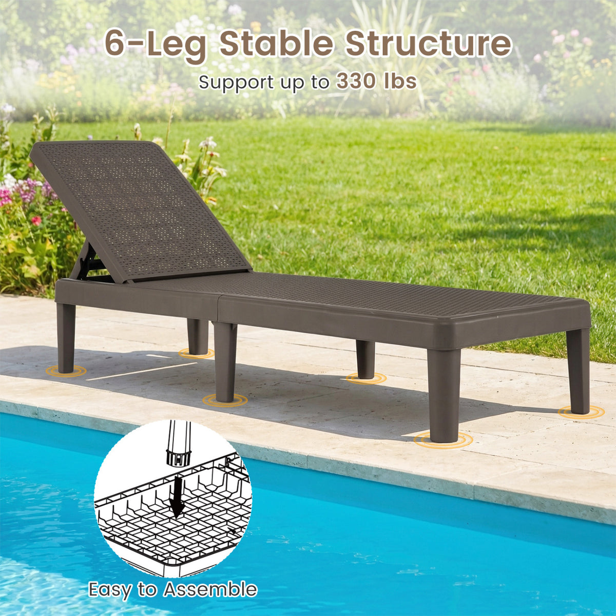 Outdoor Chaise Lounger Chair with Waterproof Rattan Textured PP