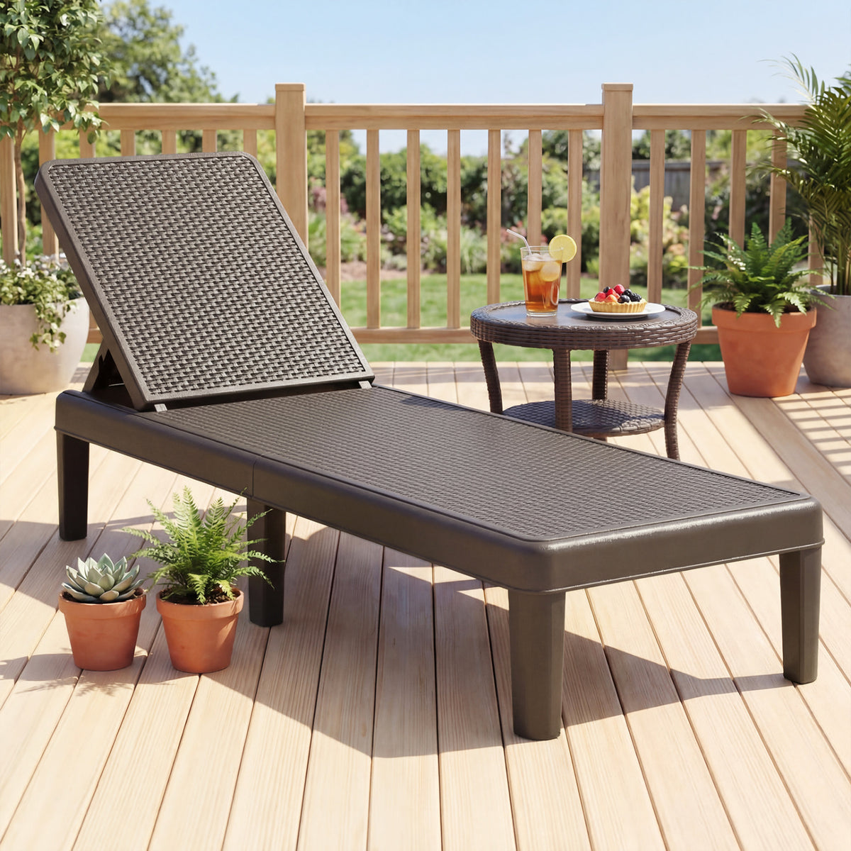 Outdoor Chaise Lounger Chair with Waterproof Rattan Textured PP