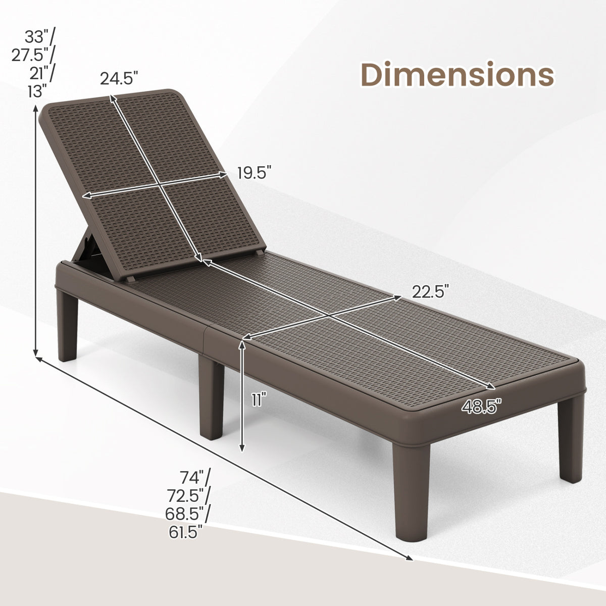 Outdoor Chaise Lounger Chair with Waterproof Rattan Textured PP