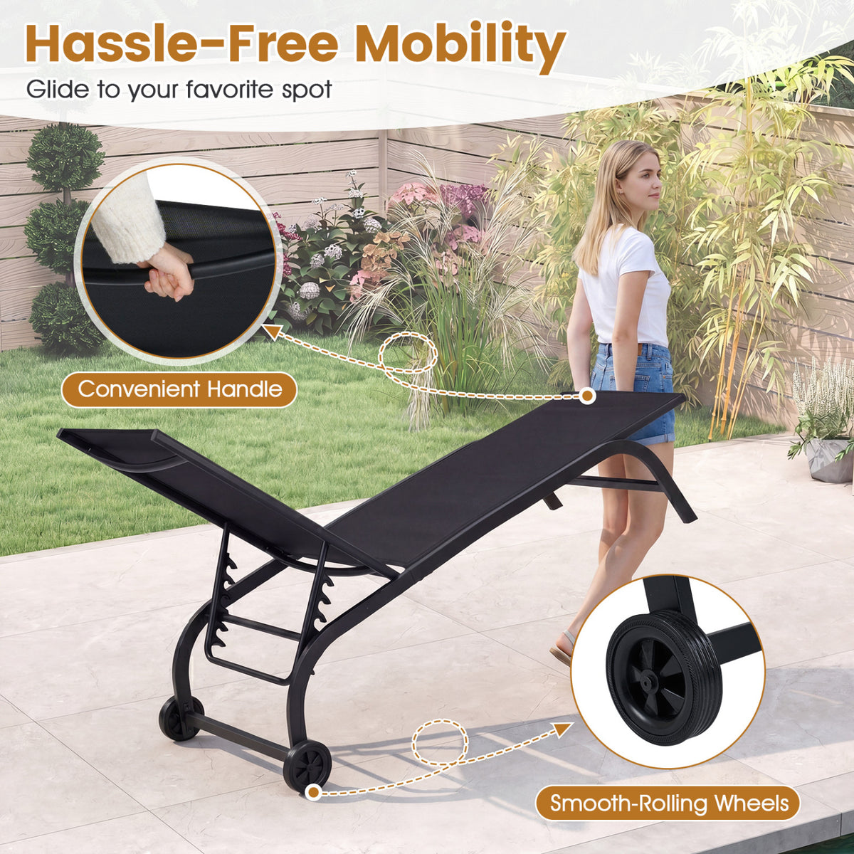 Outdoor Chaise Lounge Chair with Wheels and Metal Frame