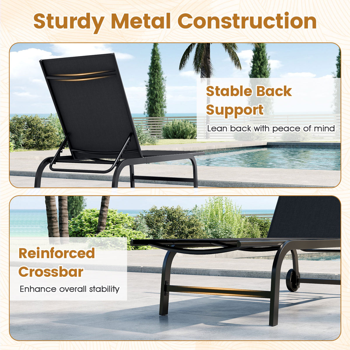 Outdoor Chaise Lounge Chair with Wheels and Metal Frame