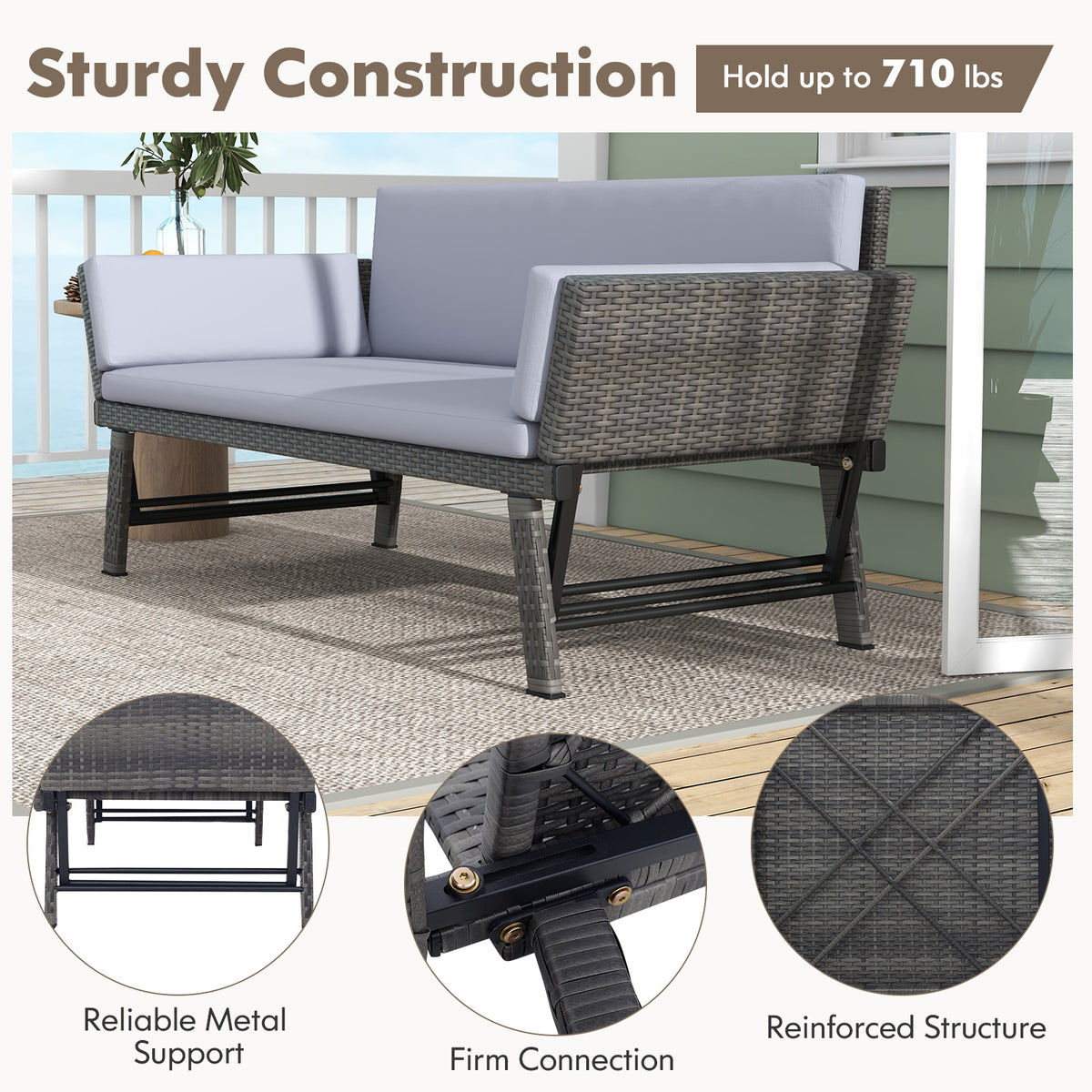 Outdoor Convertible Sofa Daybed with Adjustable Armrests for Balcony