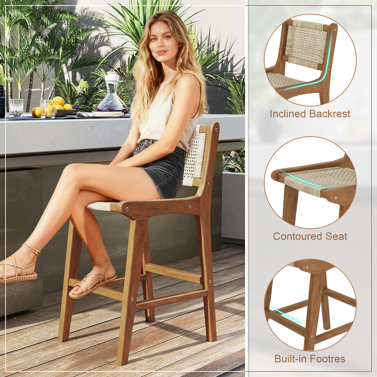 Outdoor Counter Height Bar Stool with Teak Wood Frame