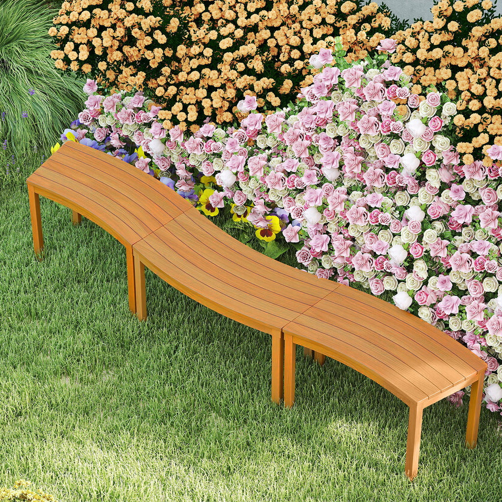 Acacia Wood Outdoor Bench Set of 3 - Curved Backless