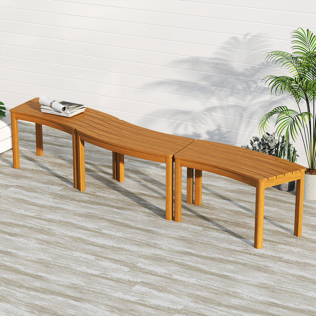 Acacia Wood Outdoor Bench Set of 3 - Curved Backless