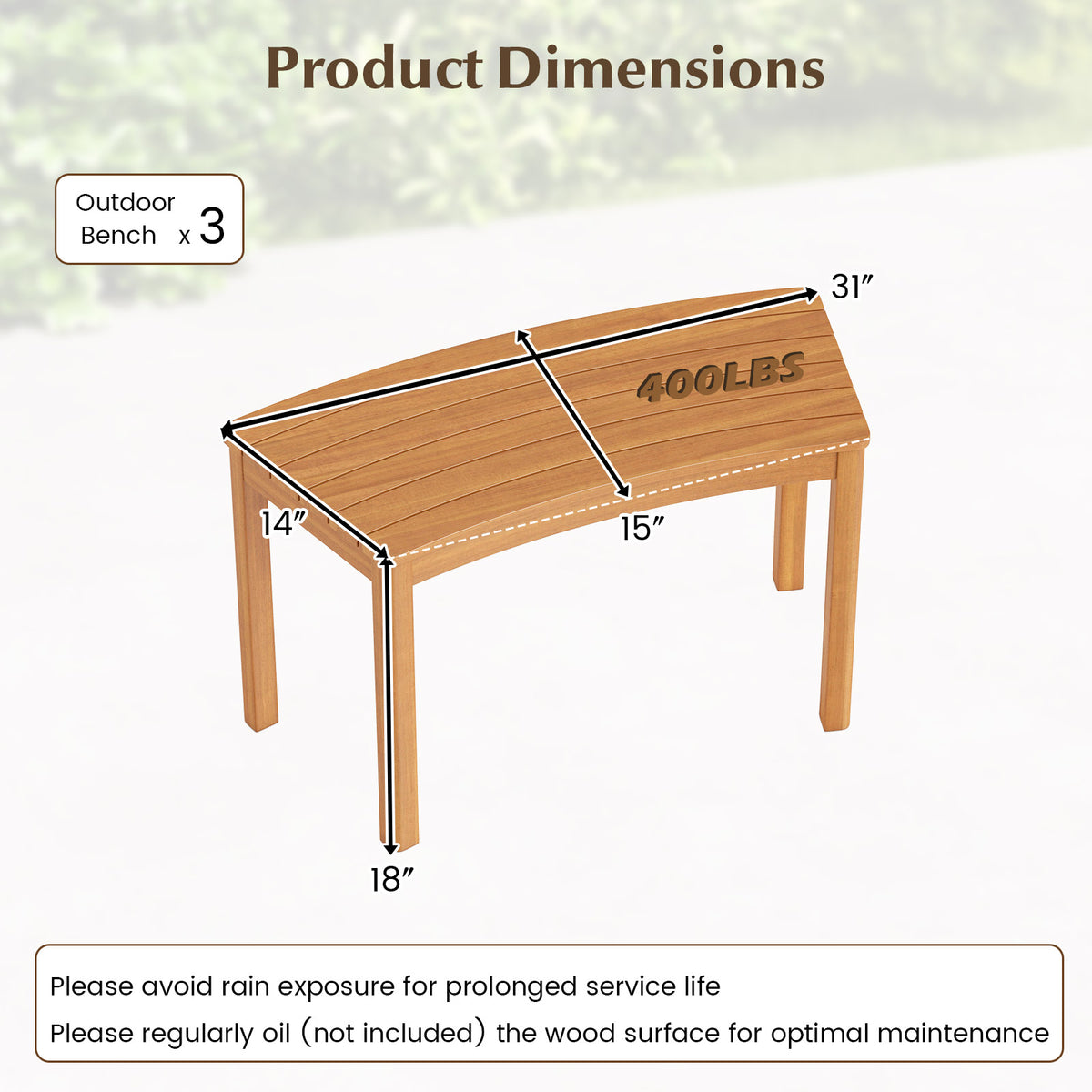 Acacia Wood Outdoor Bench Set of 3 - Curved Backless