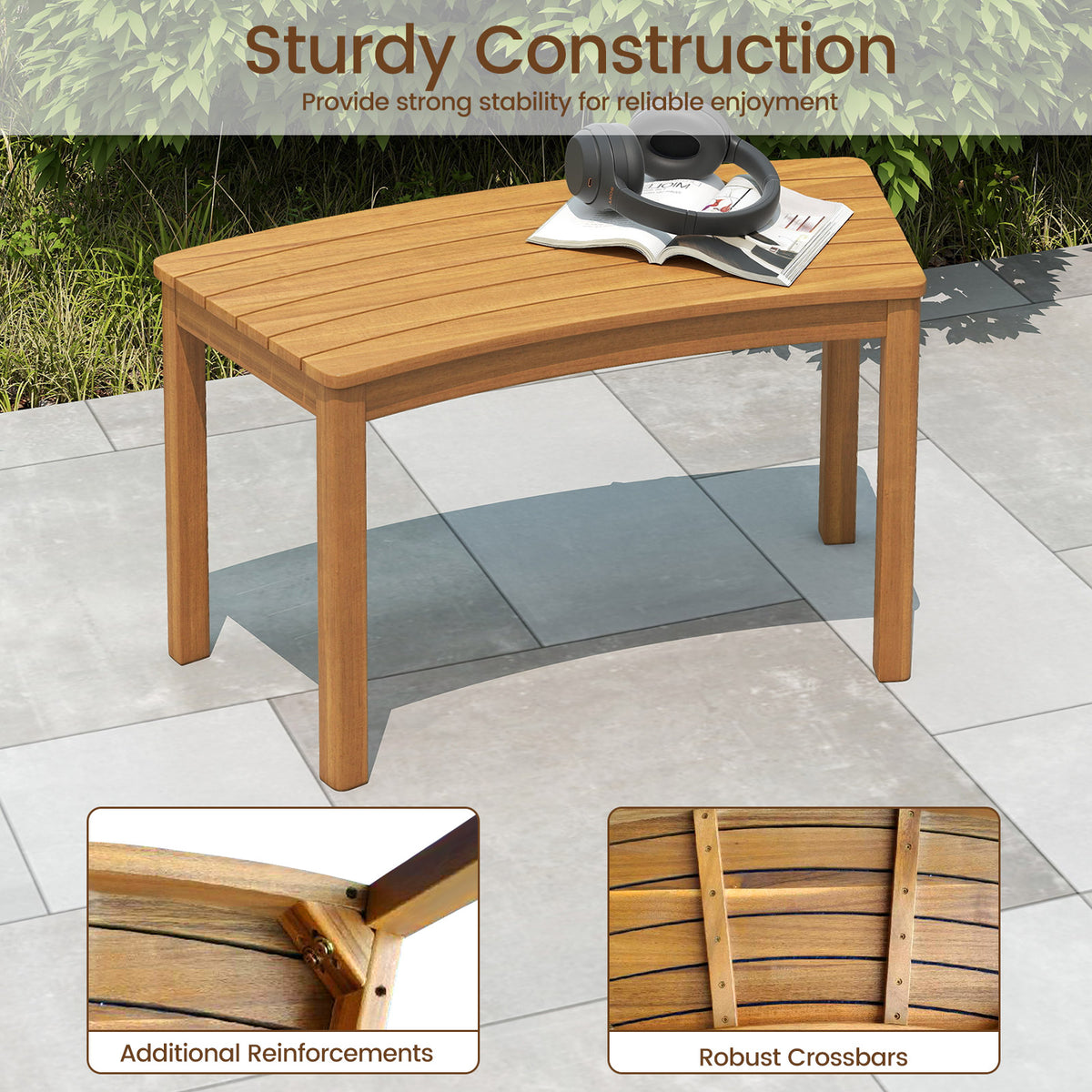 Acacia Wood Outdoor Bench Set of 3 - Curved Backless