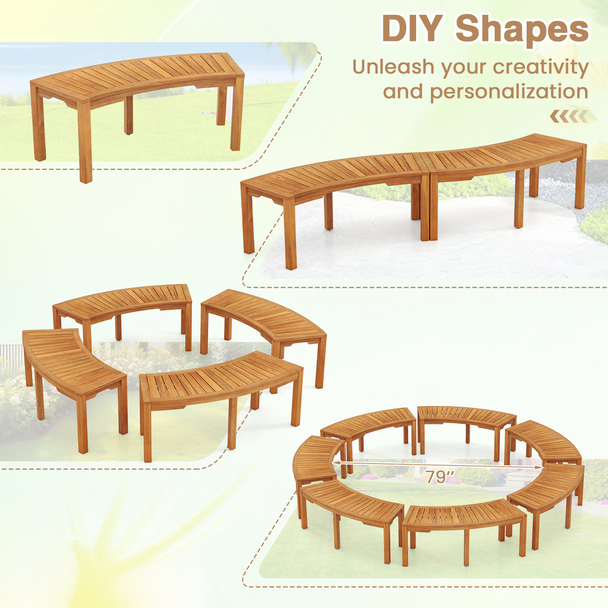Acacia Wood Curved Garden Bench 2-Person - Set of 7