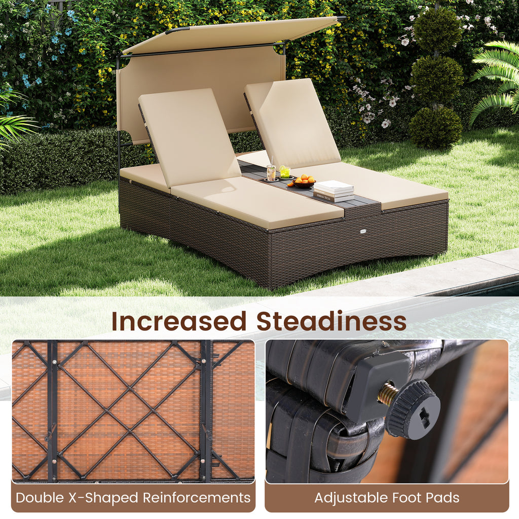 Outdoor Daybed with Adjustable Backrests 2-Person PE Rattan Patio Bed
