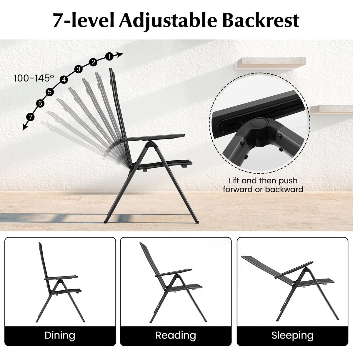 Outdoor Dining Chair with Soft Padded Seat and 7-Position Adjustable
