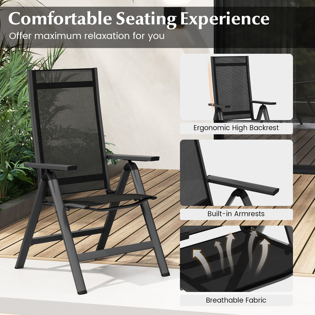 Outdoor Dining Chair with Soft Padded Seat and 7-Position Adjustable